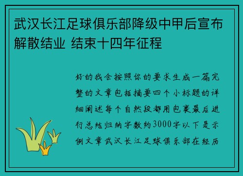 武汉长江足球俱乐部降级中甲后宣布解散结业 结束十四年征程
